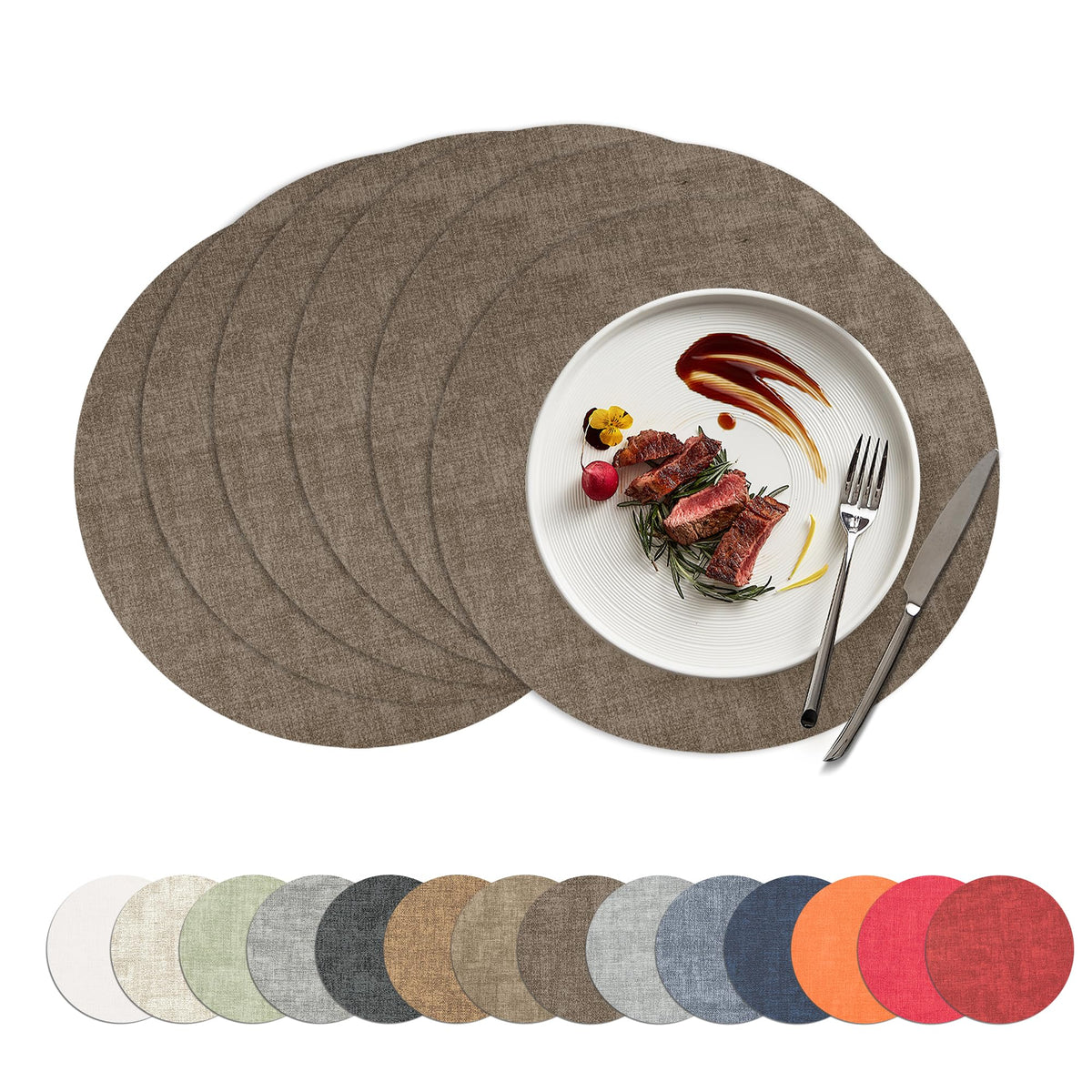Placemats Set of 4, 15 Inch Round Faux Leather Place Mats