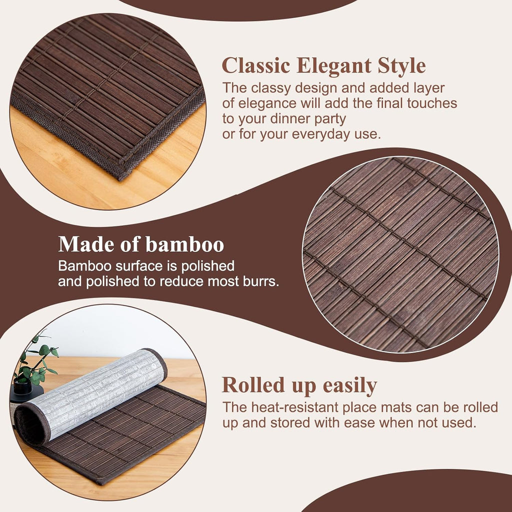 Bamboo Placemats Set of 4 with Fabric Border, Table Mats, Coffee