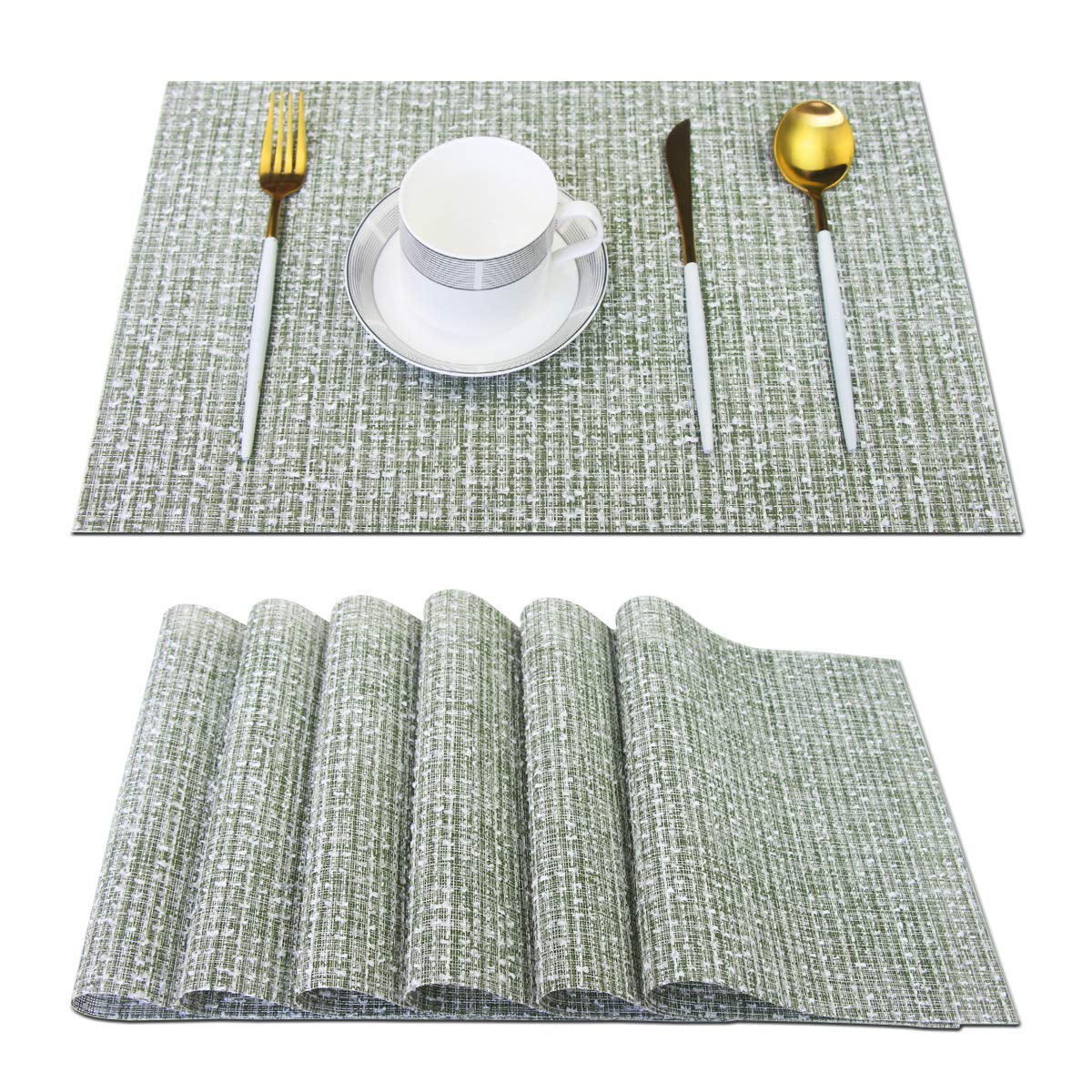 PIGCHCY Placemats,Washable Vinyl Woven Table Mats,Elegant Durable Placemats for Dining Table Set of 6 (Bamboo-Brown)
