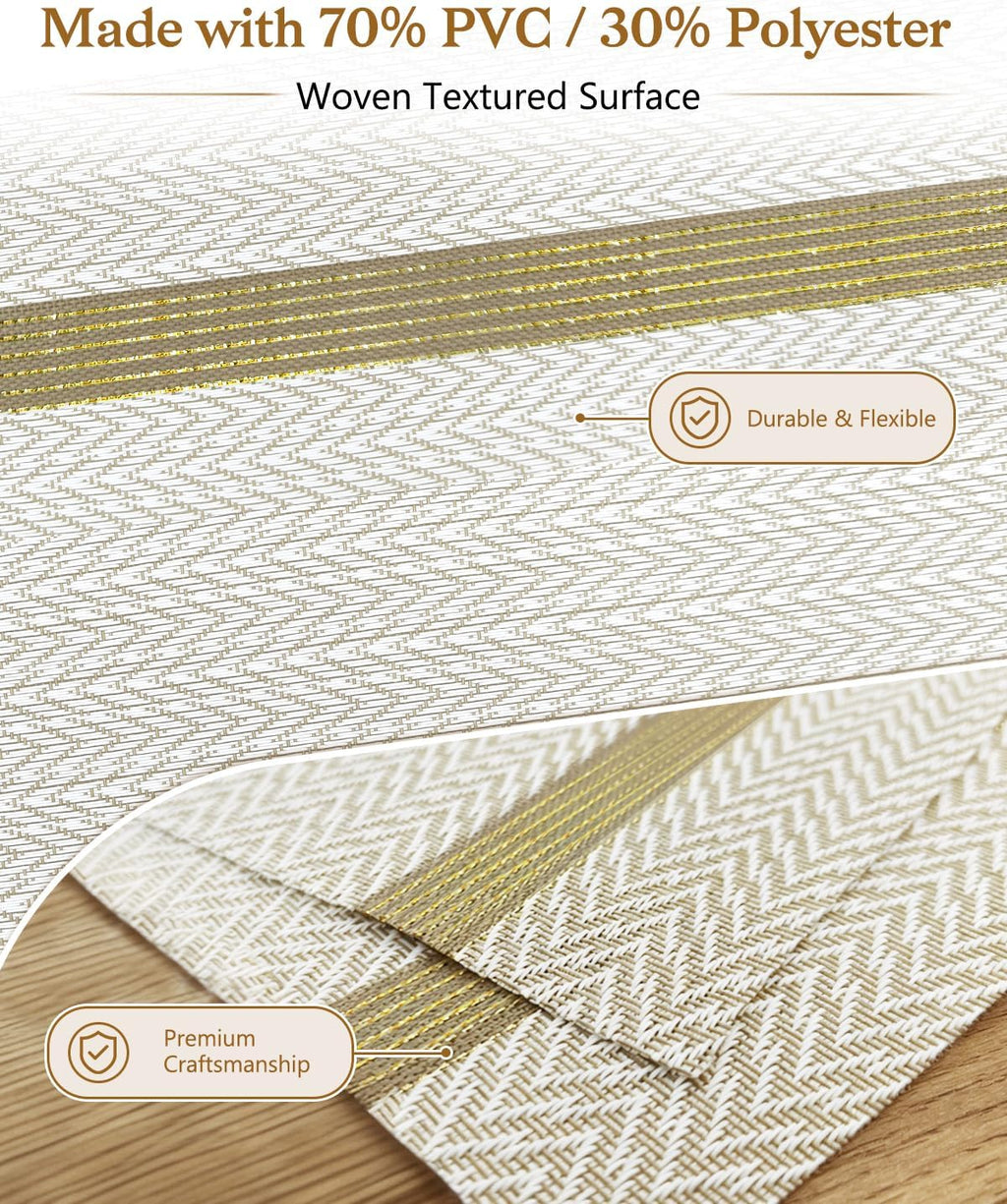 COOLMI Beige Placemats Set of 4, Washable Woven PVC Table Mats, Heat Resistant Non-Slip Place Mats for Dining Table, Flat Pack No Curled Edges, Indoor Outdoor, 17 x 12 Inch