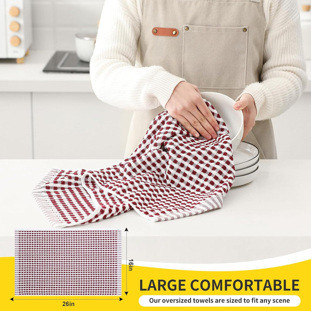 SALAS Cotton Dish Towels Cloths for Kitchen Drying Dishes, Lattice Terry Kitchen Towels, Absorbent Cloths with Hanging Loop, 16‘’ x 26‘’, 4 Packs, Wine Red and Black