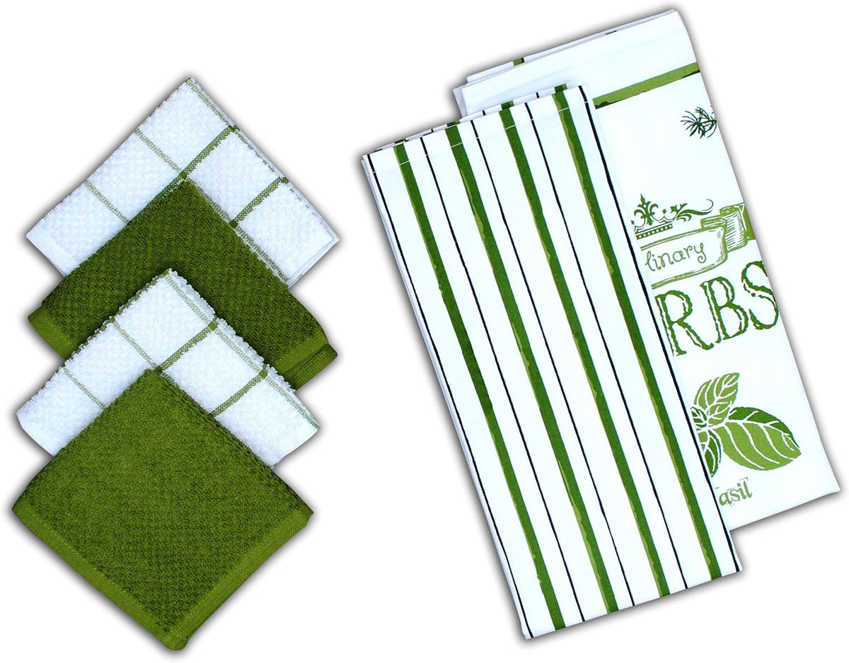 AMOUR INFINI Cotton Kitchen Towels and Dishcloths 6 Piece - 4 Terry Dishcloths (12” x 12”) and 2 Cotton Kitchen Towels (28” x 18”) for Gifting and Decor (Herbs Garden)