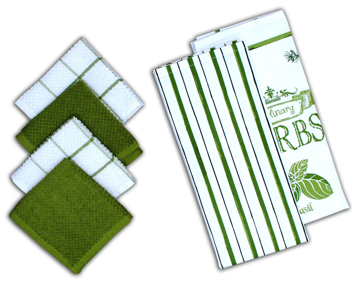 AMOUR INFINI Cotton Kitchen Towels and Dishcloths 6 Piece - 4 Terry Dishcloths (12” x 12”) and 2 Cotton Kitchen Towels (28” x 18”) for Gifting and Decor (Herbs Garden)