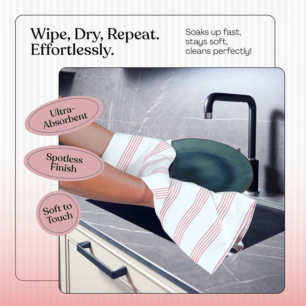 Rust Stripe Dish Towels, 5 Pack, 100% Cotton, Super Absorbent and Quick Dry, Multi Pin Striped Kitchen Towel Set, Durable Wash Cloths for Kitchen Use, Cleaning & Drying Dishes