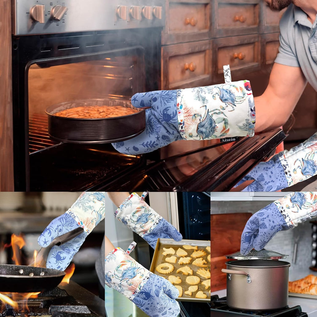 Alselo Oven Mitts 1 Pair, Silicone Printed Kitchen Mittens,7"x13.5"