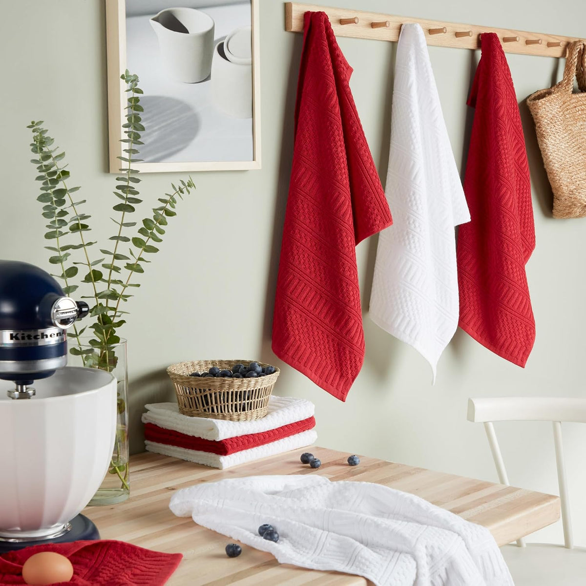 KitchenAid Cotton Classics Textured Solid Kitchen Towels 8-Pack, Absorbent 100% Cotton, Passion Red/White, 17”x28”