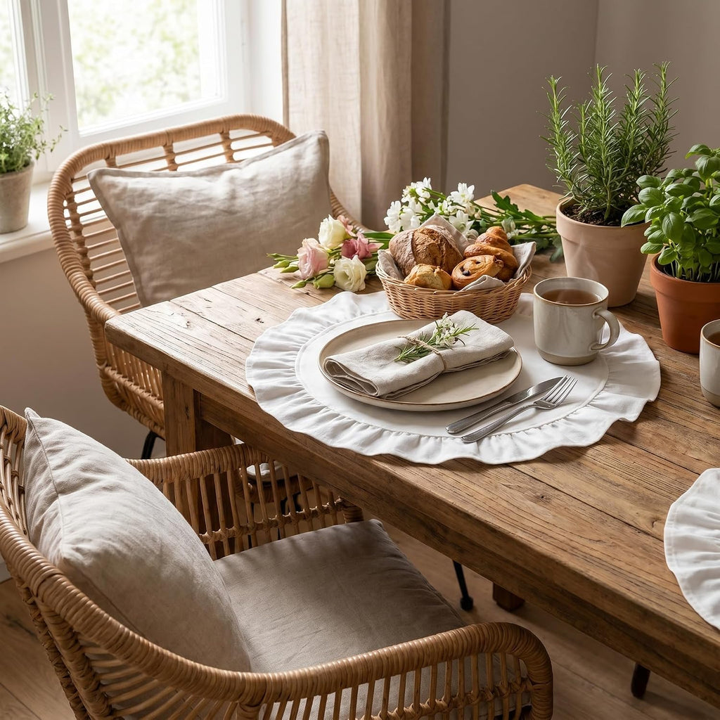 Round Ruffled Linen Blend Placemats, 15 Inch Scalloped Table Mats, Set of 4