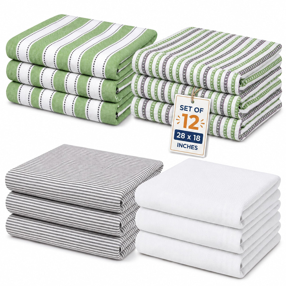 Pack of 6 Cotton Kitchen Towels Set, Dish Towels, Cleaning Rags, Kitchen Dish Cloths for Washing Dishes, Cotton Cleaning Cloths, Ultra Soft, Lightweight & Quick Dry, Flat Weave, 28"x18" (Olive & Gray)