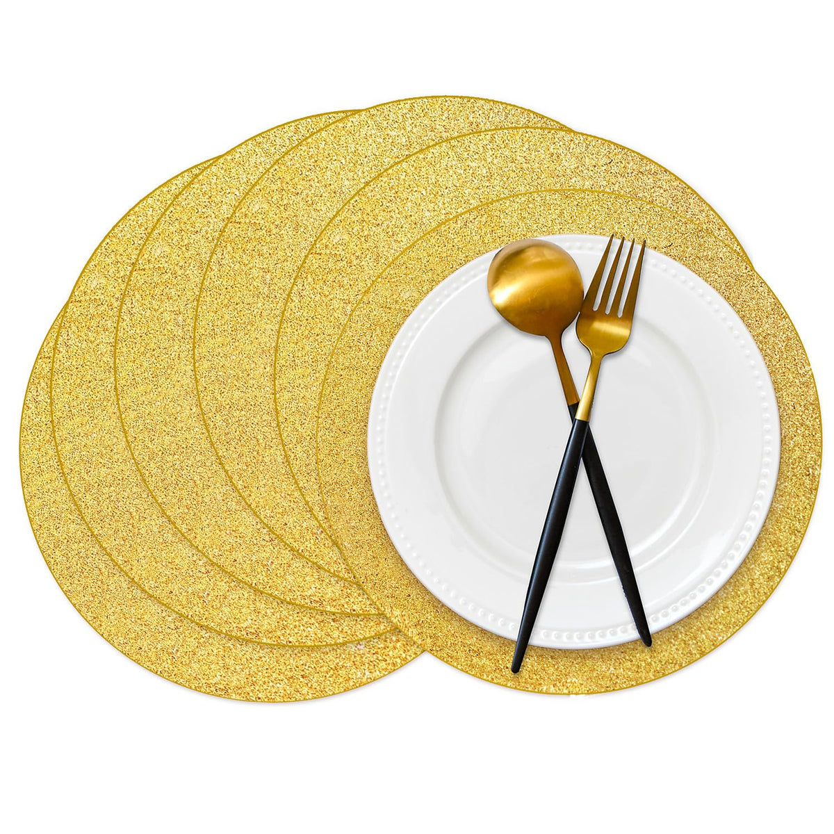50 Pieces Gold Glitter Paper Place Mats Sparkle Round Disposable Table Mats Golden Sequin Doilies Decorative Placemats for Wedding Banquet Party Home Dining Tableware