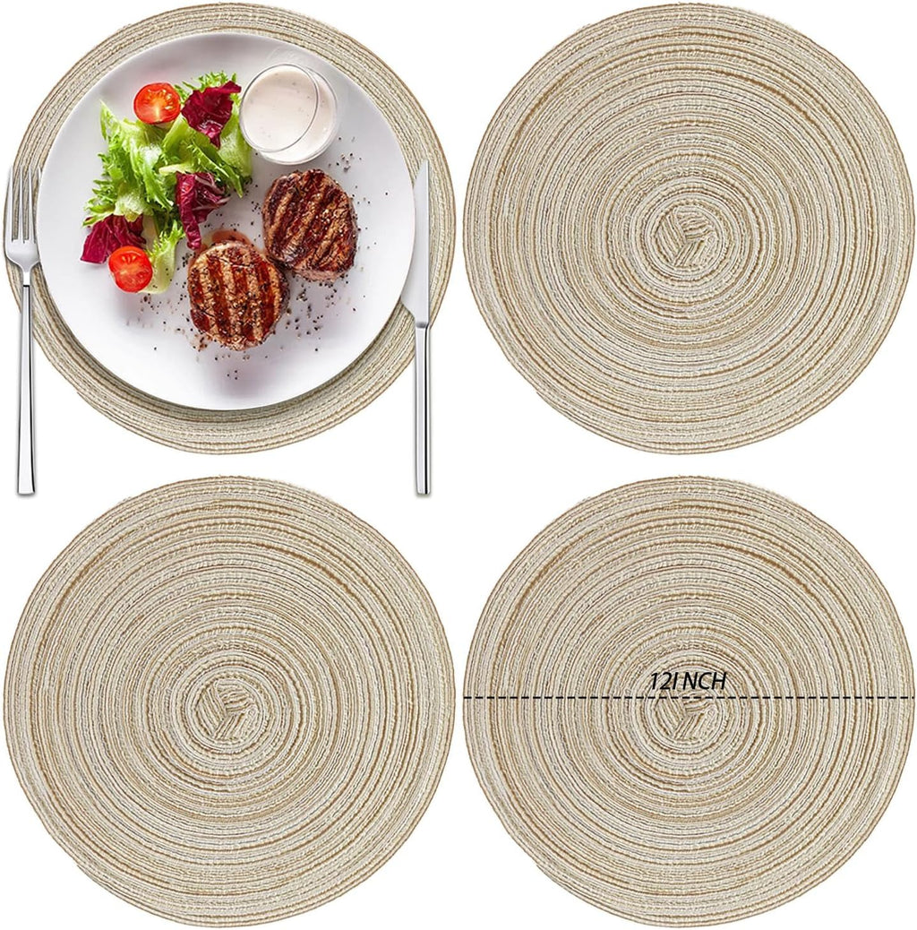 12 Inch Round Braided Placemats Set of 4,Washable Heat Resistant Cotton Polyester Circle Place Mats for Kitchen Dinner Party Table Decoration,Suitable for Plates Under 10 inches(Beige Medium Size)