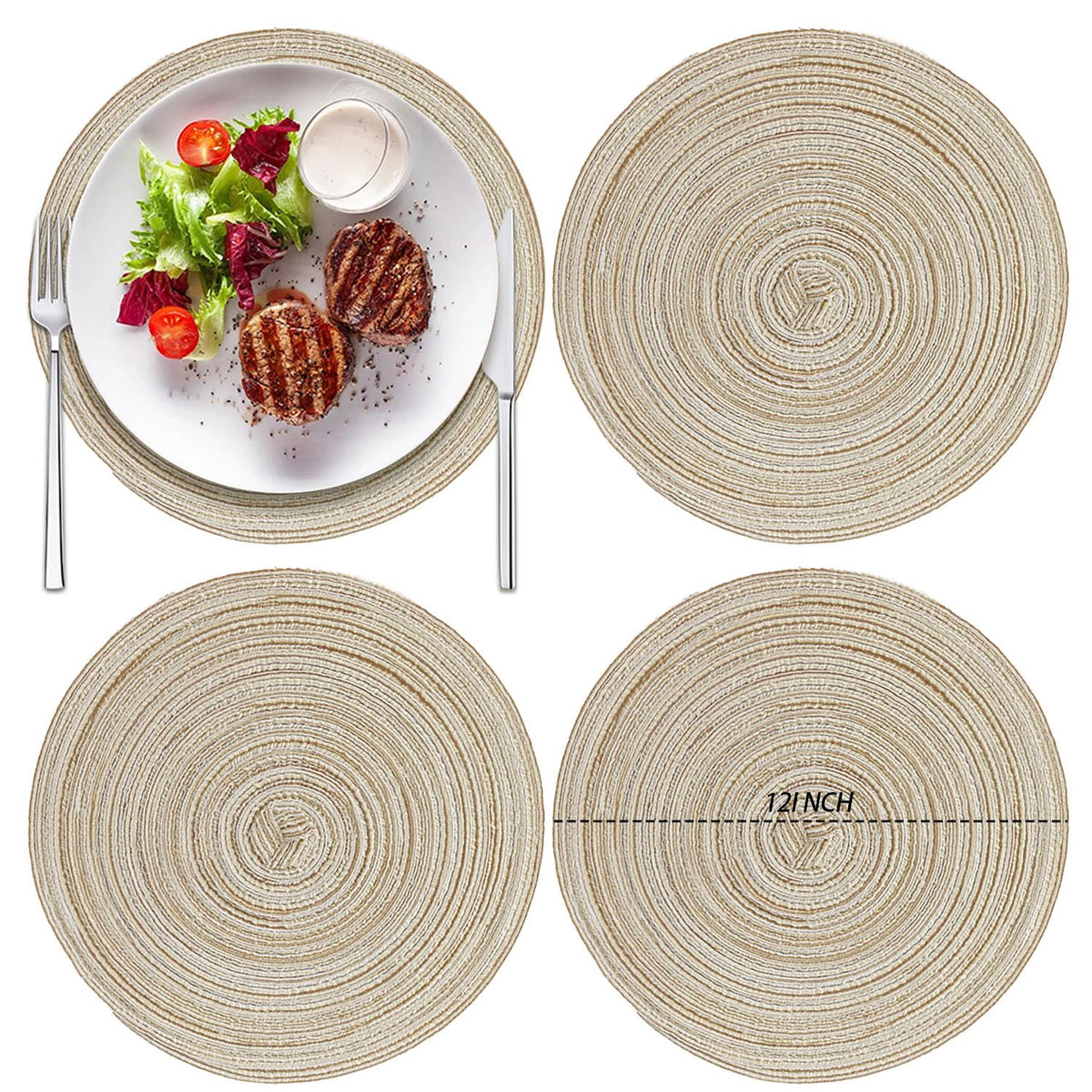 12 Inch Round Braided Placemats Set of 4,Washable Heat Resistant Cotton Polyester Circle Place Mats for Kitchen Dinner Party Table Decoration,Suitable for Plates Under 10 inches(Beige Medium Size)