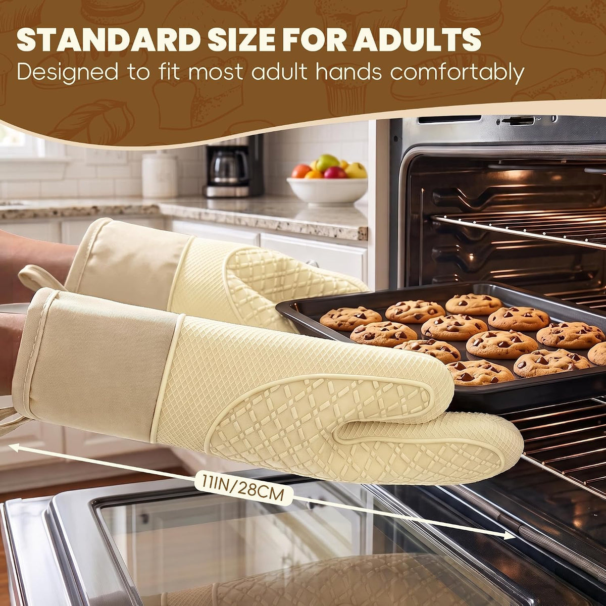 Silicone Oven Mitts,Heat Resistant, Oven Gloves with Soft Lining,Universal Fit Heat Resistant Kitchen Gloves for Baking, BBQ, Cooking and Grilling (Khaki)