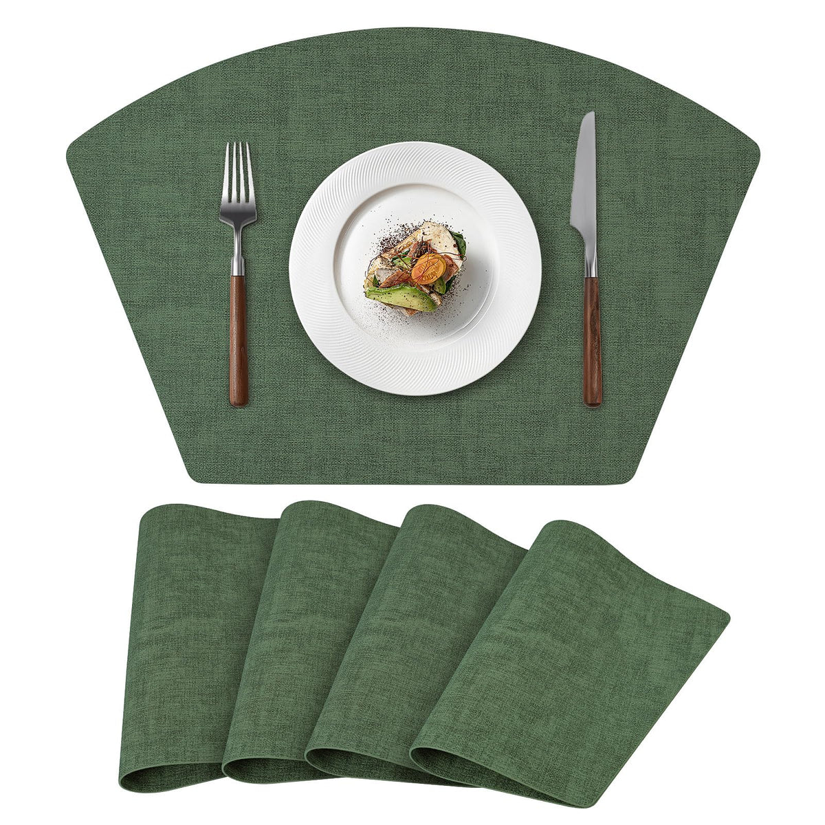 Round Table Placemats Set of 4, Faux Leather Wedge Shape Place Mats Heat Resistant Wipeable Washable Table Mats for Dining Outdoor Indoor, Green