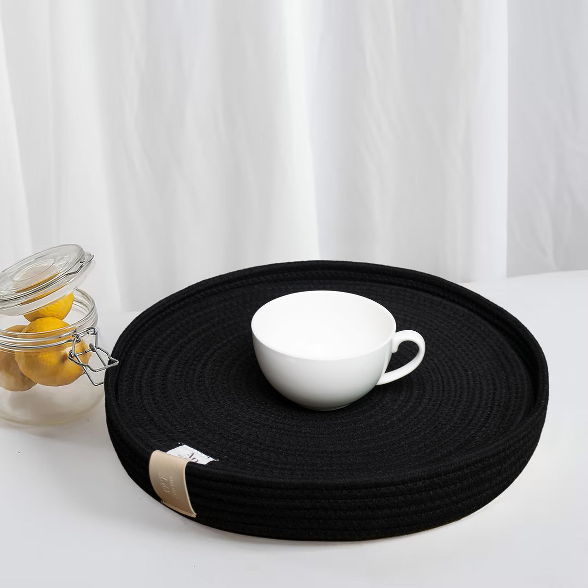 5-Piece Round Cotton Rope Placemats & Holder, Off White