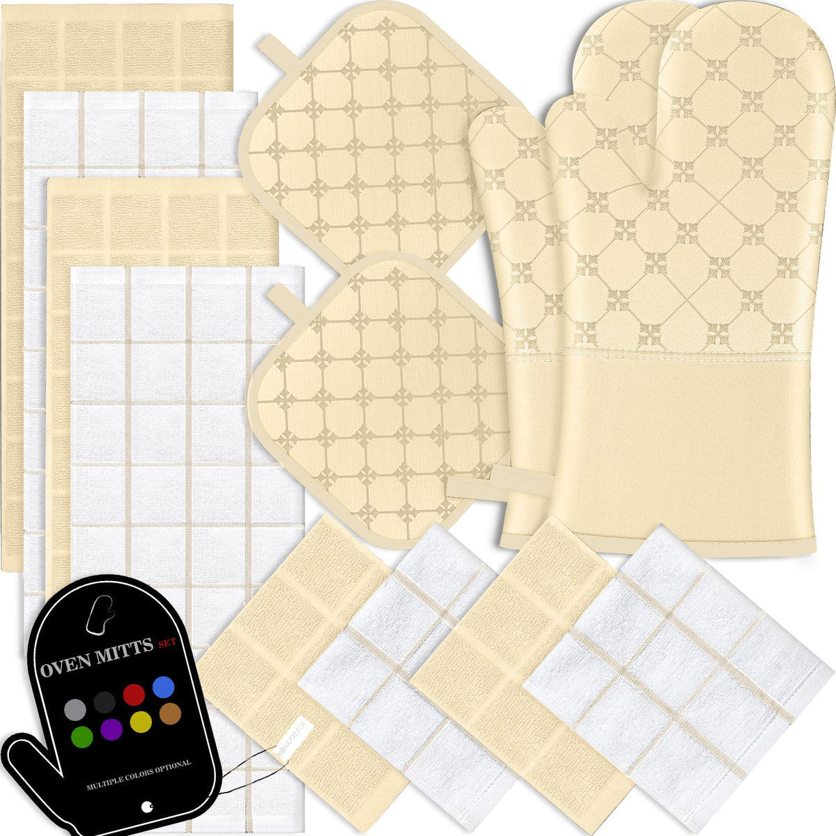 Oven Mitts Kitchen Towels Dishcloths with Pot Holders Sets 12PCS, Dish Towels Sets, Oven Gloves Pot Pads Heat Resistant 500 Degrees with Non-Slip Silicone Surface for Cooking Baking Grilling-Grey