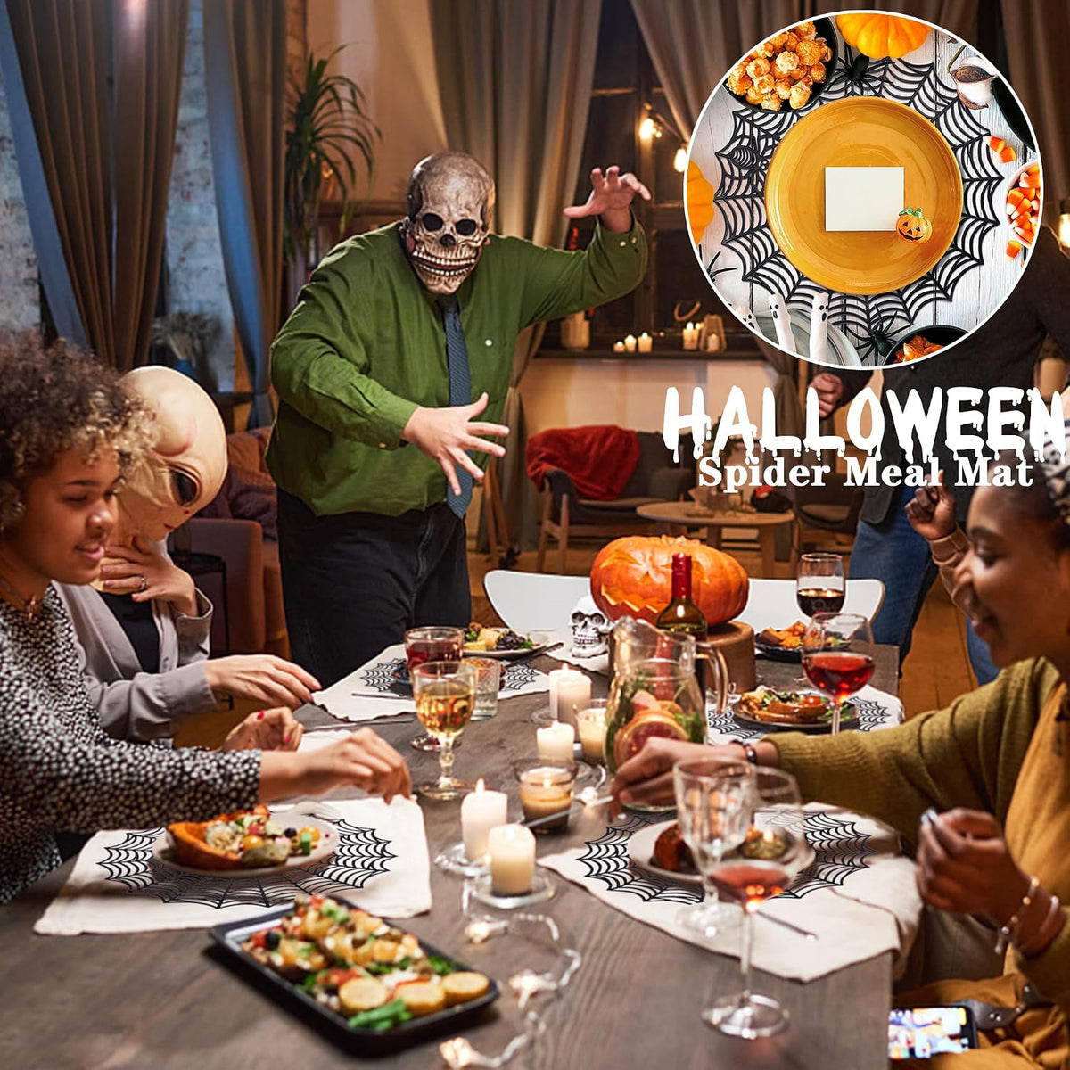 6 Pcs Halloween Spider Web Placemats, 15" Non Slip Halloween Table Mats