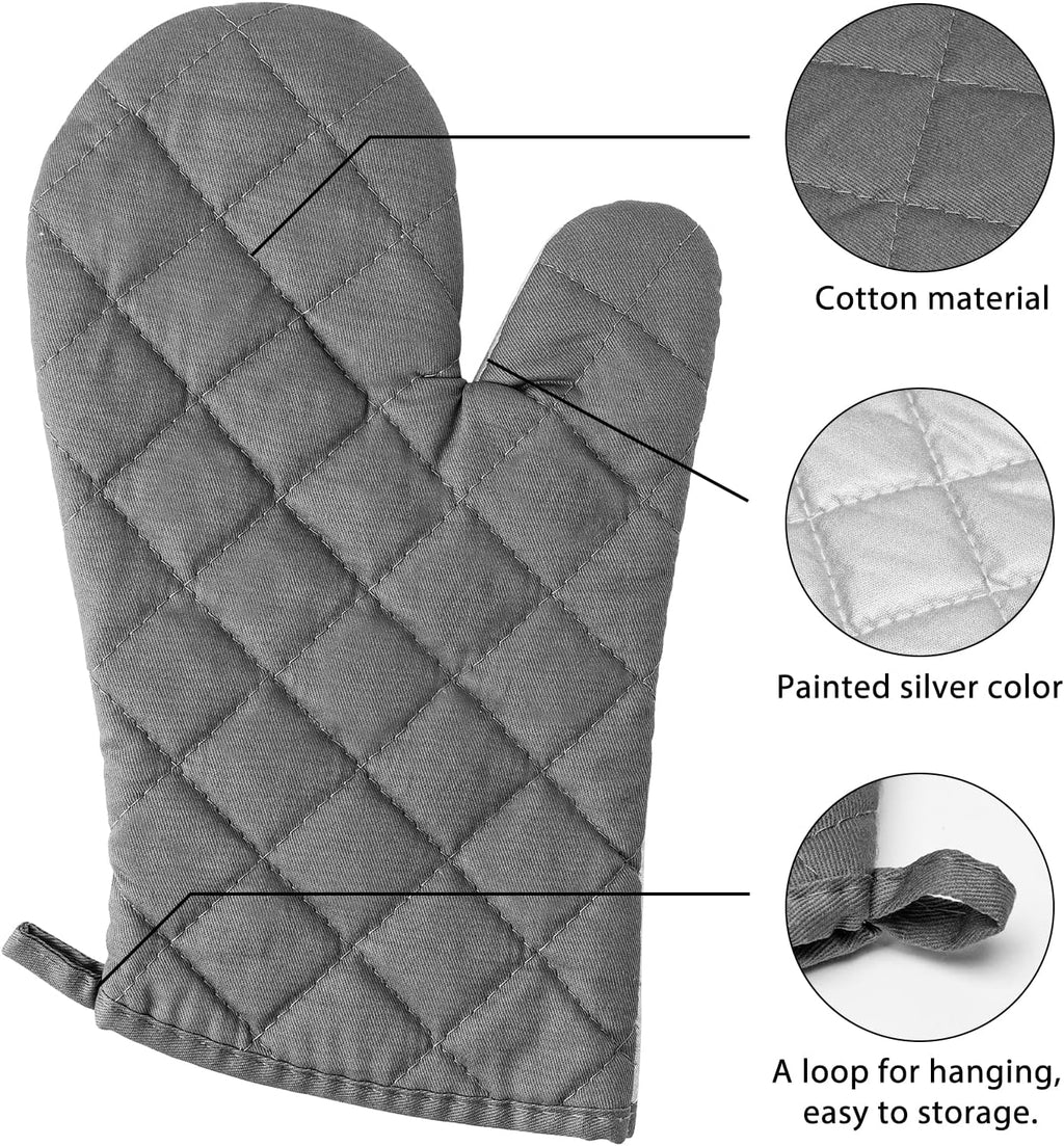 6Pcs Cotton Oven Mitts and Pot Holders Set Durable Hot Pads Machine Washable BBQ Gloves Heat Resistant Pocket Pot Holder with Hanging Loop for Safe Kitchen Baking Cooking Grilling Grey