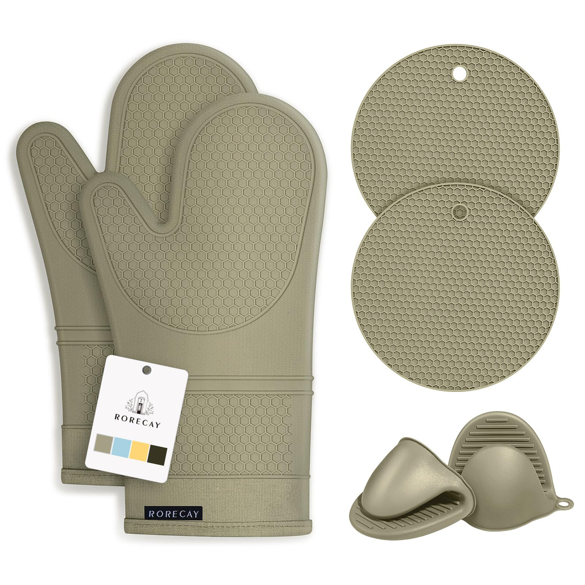 RORECAY Silicone Oven Mitts and Pot Holders Sets, Gloves for Kitchen, Beige
