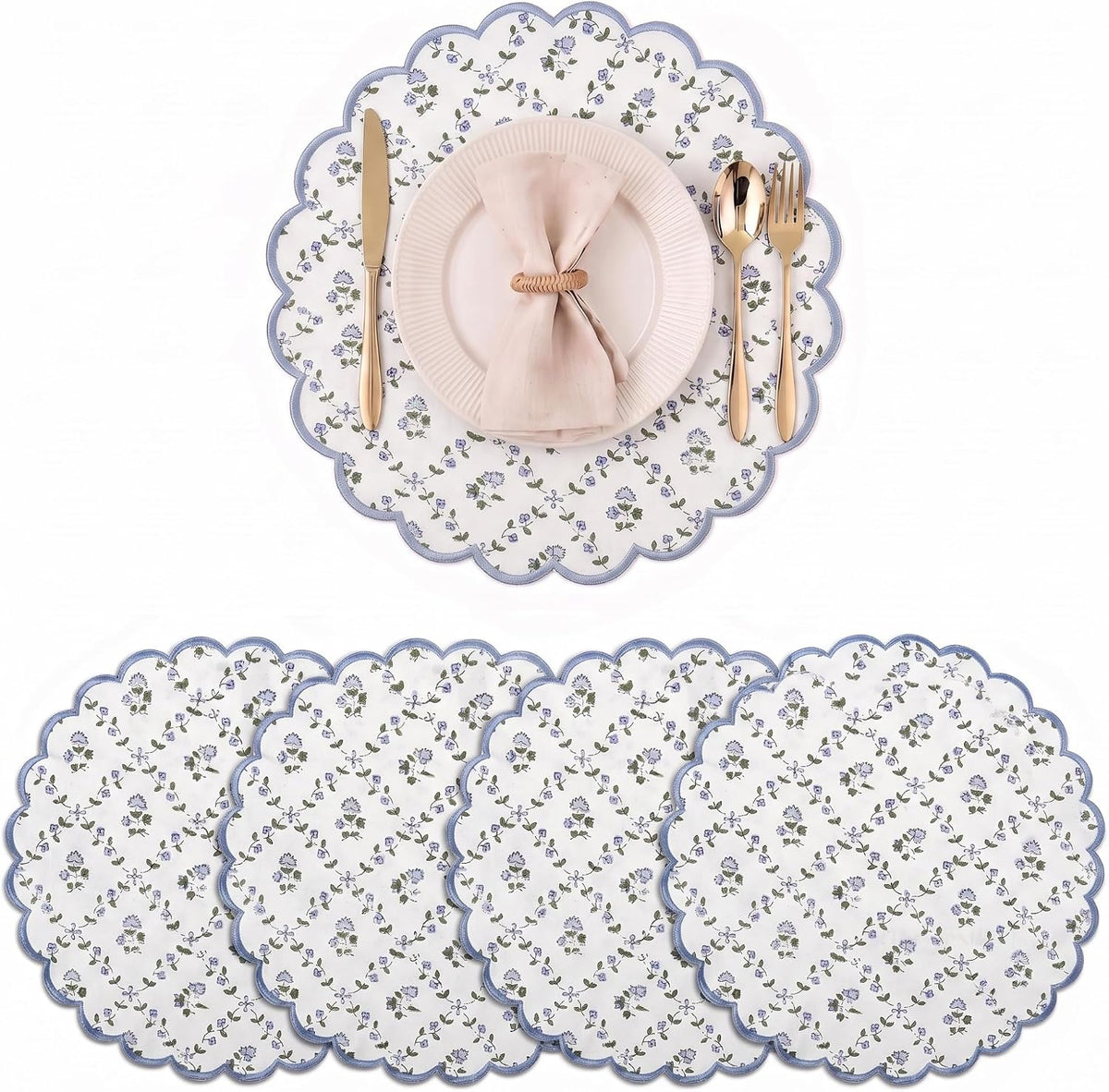 Ridhi Floral Block Print Round Placemats 15" in, Set of 4, Powder Blue