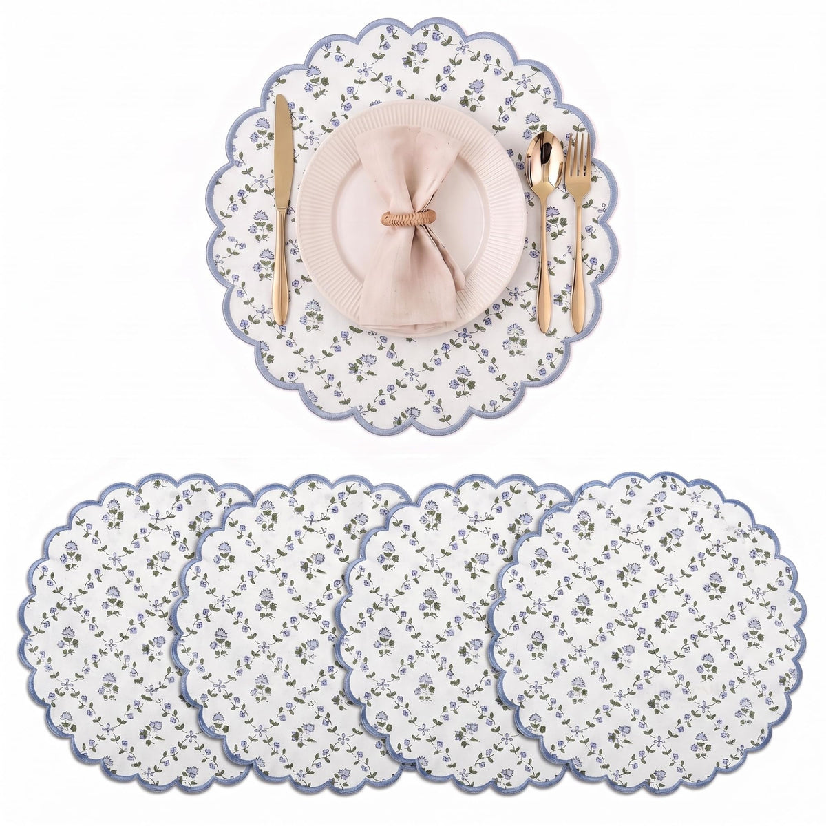 Ridhi Floral Block Print Round Placemats 15" in, Set of 4, Powder Blue