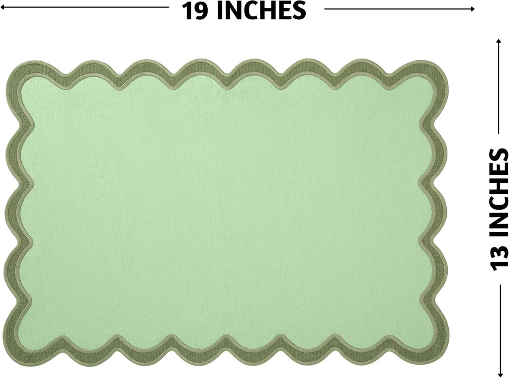 Folkulture Placemats Set of 4, Scalloped, Cute Sage Green - (13x19 Inch)