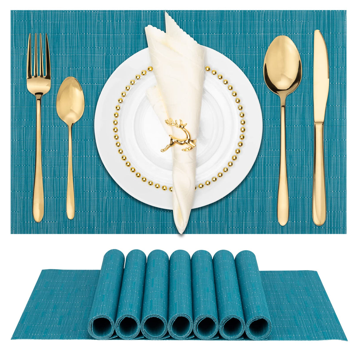 Winknowl Placemats Set of 8, Heat Resistant Non-Slip Vinyl Woven Table Mats for Dining Table, Washable Durable Elegant Place Mats for Kitchen Indoor/Outdoor Use (Beige Blue)