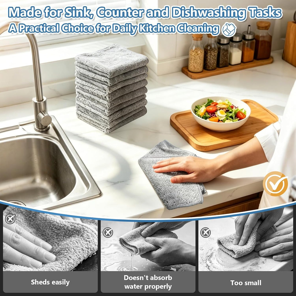Kitchen Dish Cloths, 12 Pack, 10 x 10 Inches, Super Absorbent Microfiber Dish Towels, Soft Lint Free Reusable Dish Rags for Washing Dishes, Drying, Counters and Sink, Grey