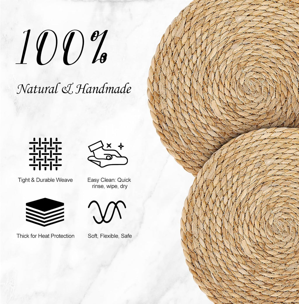 13" Round Placemats Set of 12, Rattan Place Mats for Dining Table Decor, Rustic Woven Wicker Chargers for Dinner Plates, Outdoor Patio, Farmhouse Wedding, Boho Water Hyacinth Braided Placemat