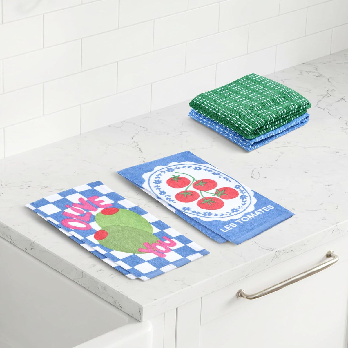 Ritz 4-Piece Kitchen Towel Set, Tomato & Olive Prints with Pine Green & Blue Textured Terry, 100% Cotton & Absorbent Blend, 16" x 26", Vintage Mediterranean Foodie Kitchen Decor