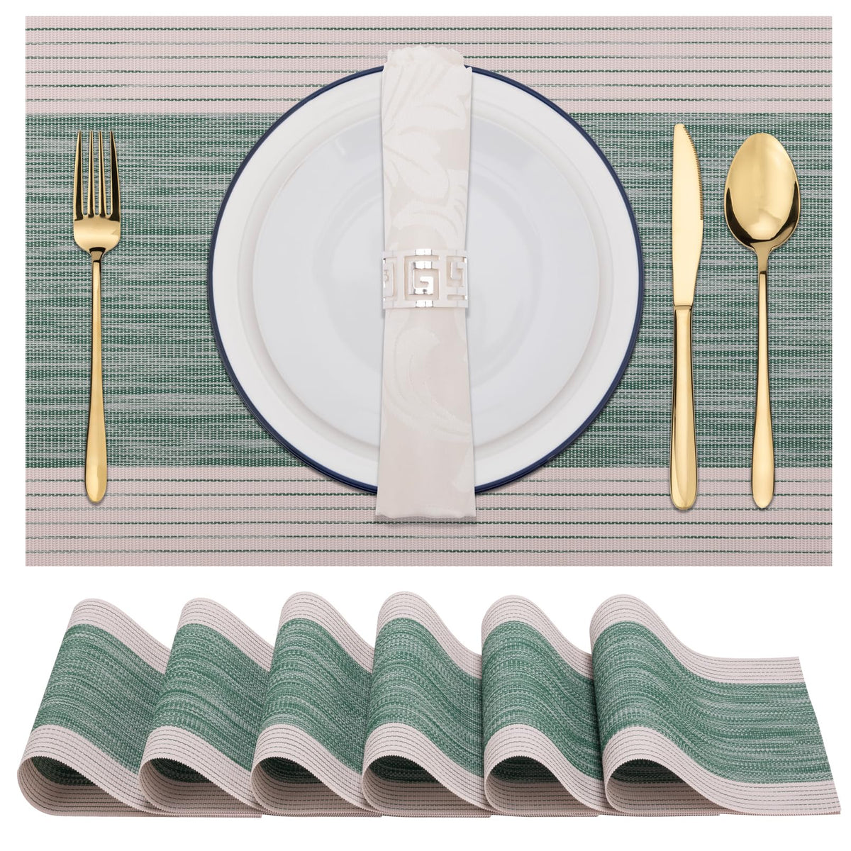 Winknowl Placemats Set of 8, Heat Resistant Non-Slip Vinyl Woven Table Mats for Dining Table, Washable Durable Elegant Place Mats for Kitchen Indoor/Outdoor Use (Beige Blue)