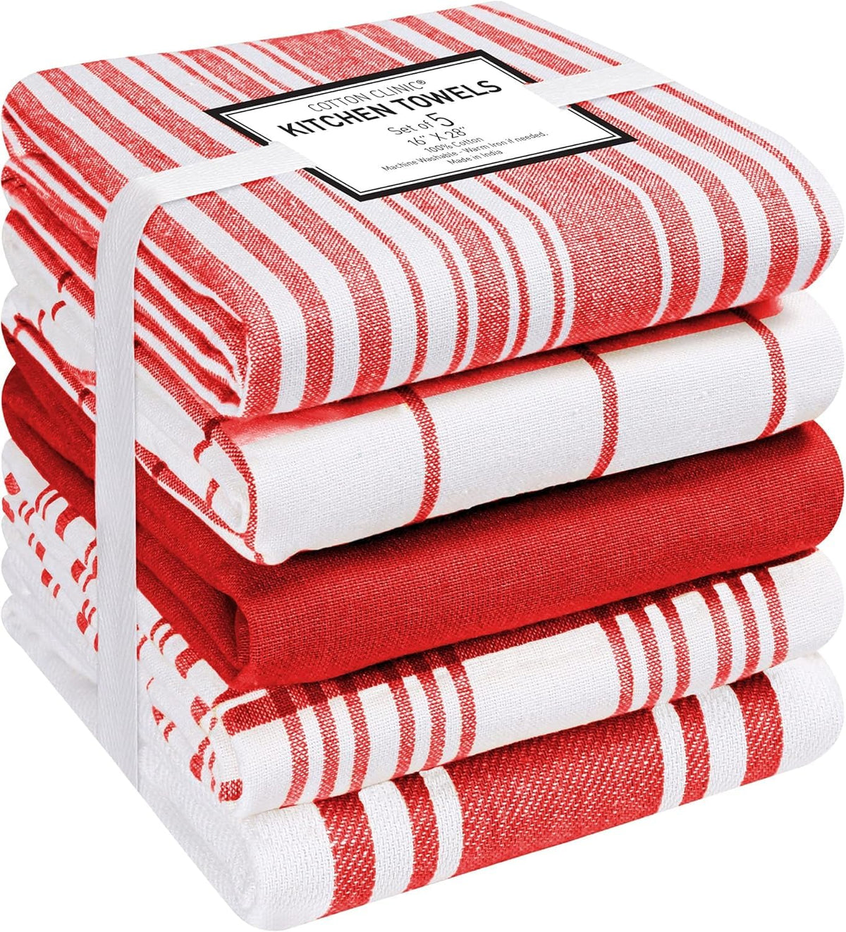 Cotton Clinic Assorted Kitchen Towels 5 Pack – Soft Absorbent Quick Drying Table & Kitchen Linen - Dish Towels, Dish Cloths, Tea Towels and Cleaning Towels with Hanging Loop – 16x28 / Grey White