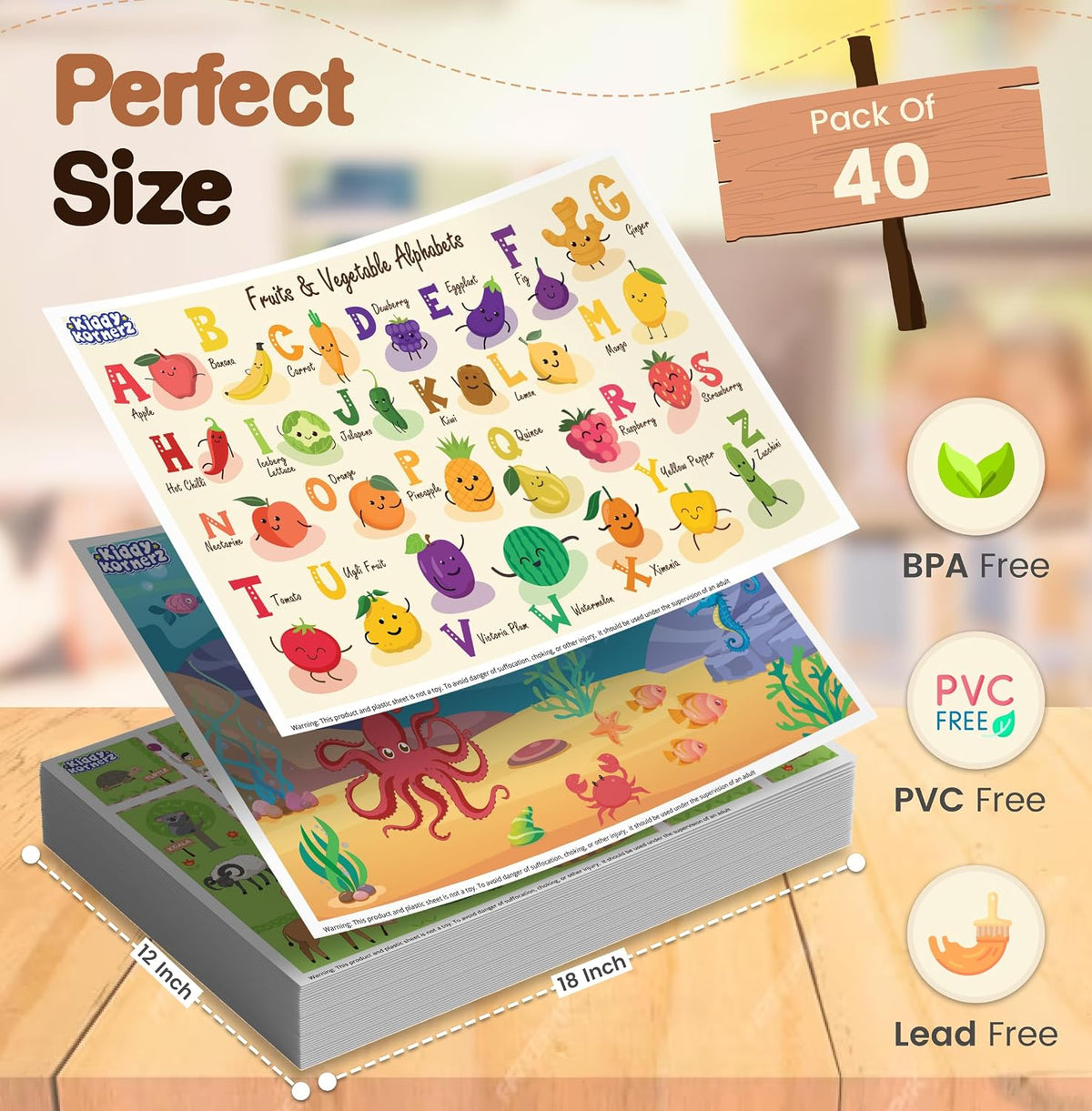 40 Pack Waterproof Disposable Placemats for Baby, Place mats for Kids, Toddler - Kids Placemats for Dining Table Tyke, Restaurants, and Travel (Aquarium, Alphabet and Zoo Theme)