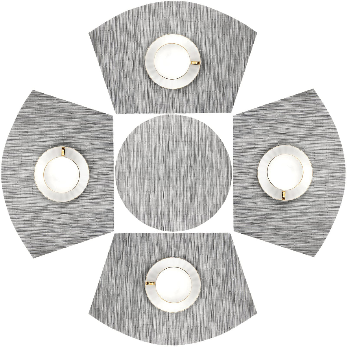 SHACOS Small Round Table Placemats Set of 5 Woven Vinyl Wedge Placemats with Centerpiece Round Table Mats Heat Resistant Wipe Clean (5, Black Gray)