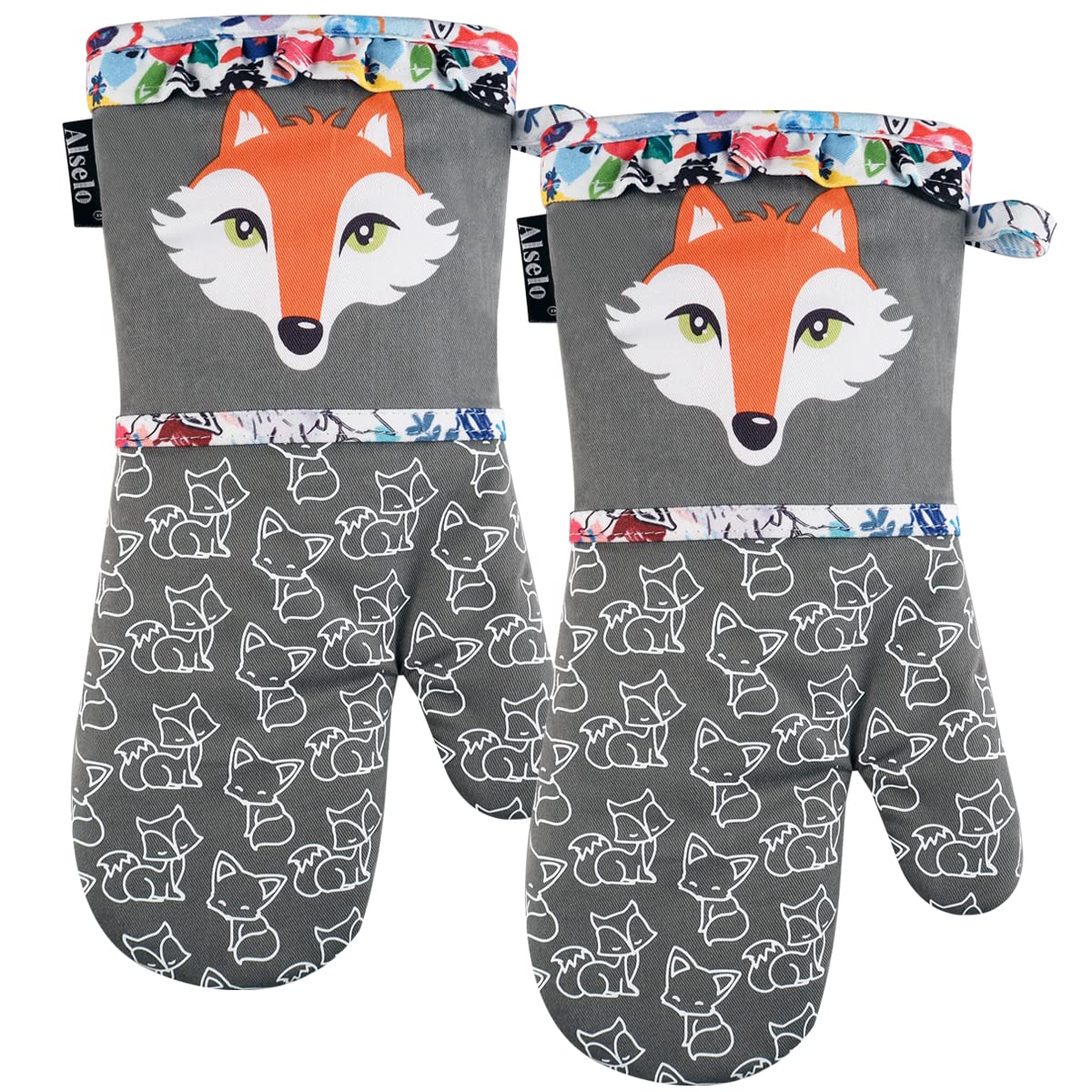 Alselo Oven Mitts 1 Pair, Silicone Printed Kitchen Mittens,7"x13.5"