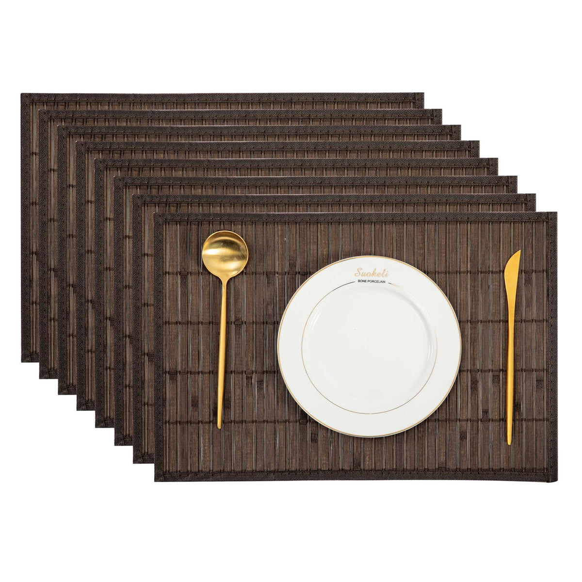 Bamboo Placemats Set of 4 with Fabric Border, Table Mats, Coffee