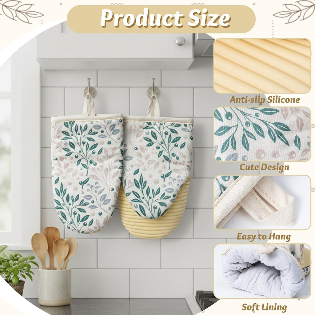 Mini Oven Mitts Set - 5.5” x 8.6” Small Heat Resistant Kitchen Mitt with Non-Slip Silicone Grips Palm, Soft Filling Washable Gloves with Hanging Loop for Home Cooking Baking Picnic (Leaf)