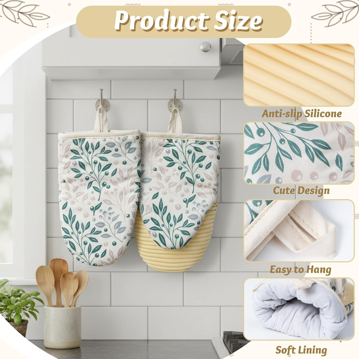 Mini Oven Mitts Set - 5.5” x 8.6” Small Heat Resistant Kitchen Mitt with Non-Slip Silicone Grips Palm, Soft Filling Washable Gloves with Hanging Loop for Home Cooking Baking Picnic (Leaf)