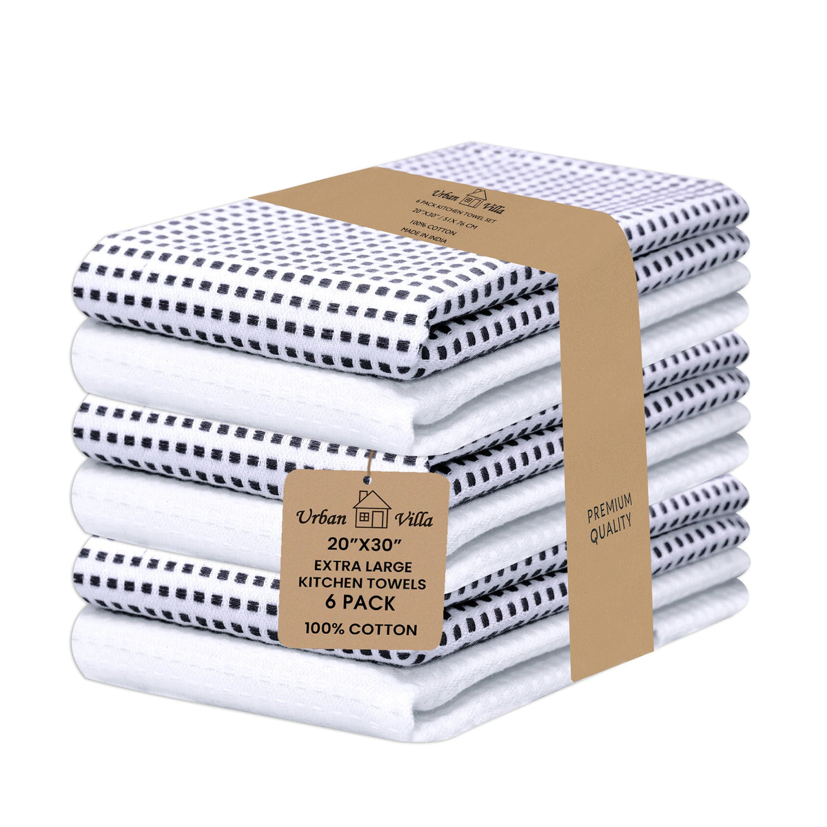 Urban Villa Kitchen Towels Cotton Dish Towels 12”x12” (Set of 8) Grey White