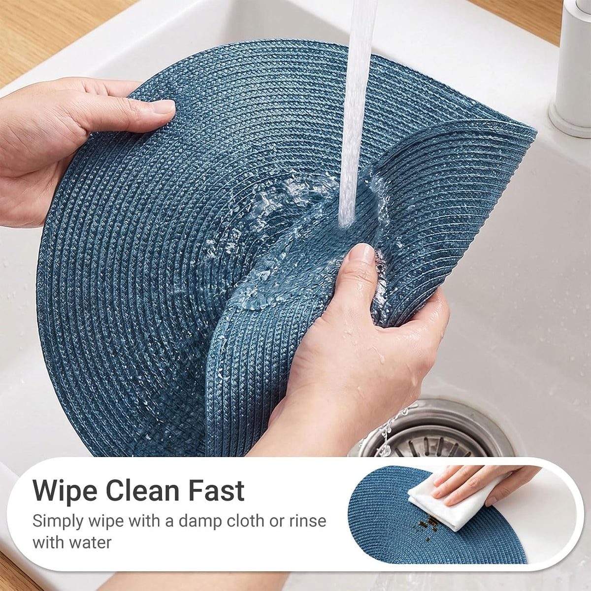 FunWheat Round Braided Placemats Set of 6 Table Mats for Dining Tables Woven Washable Non-Slip Place mats 15 in(Blue, 6pcs)
