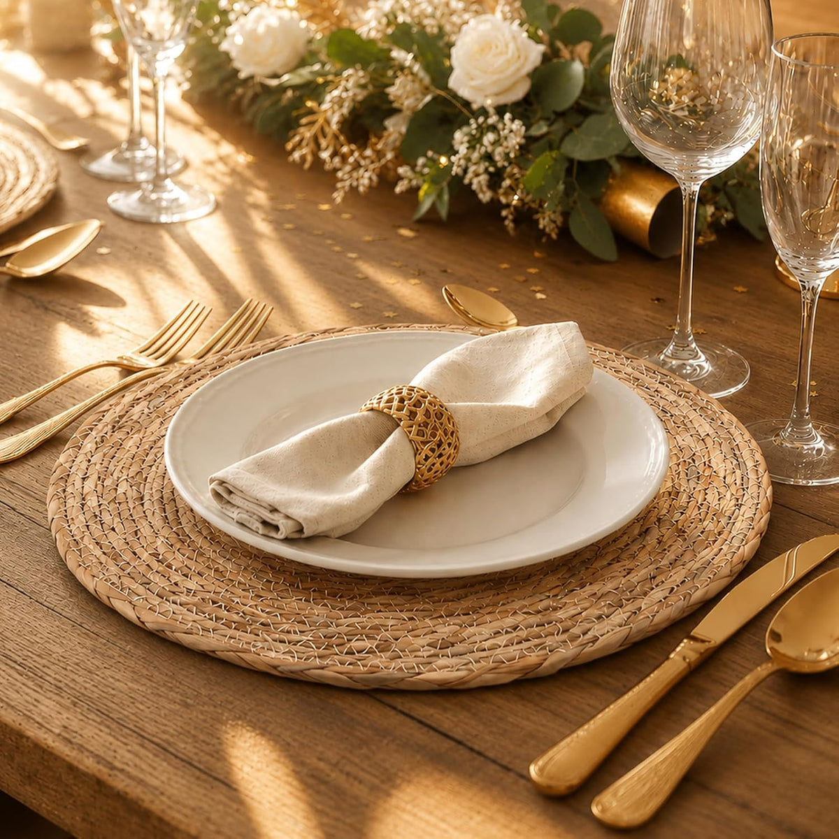 8PCS -13 in Round Woven Placemats Plate Chargers, Boho Farmhouse Rustic Woven Place Mats for Kitchen Dining Party Table Decor, Rattan Wicker Table Mats Jute Braided Chargers for Dinner Plates