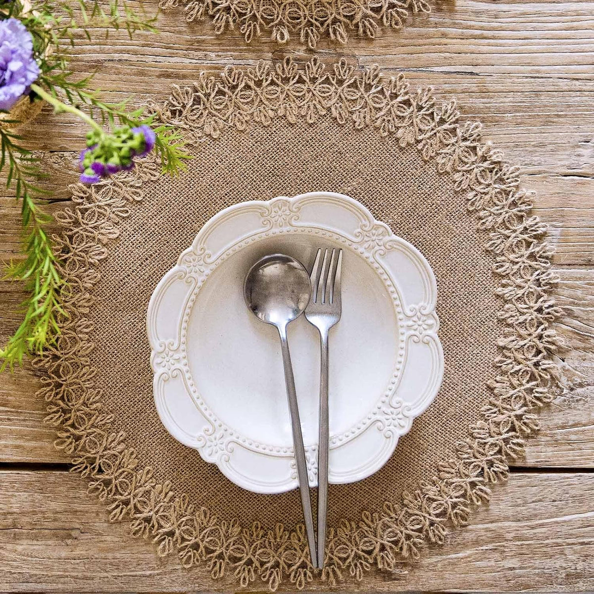 FunWheat Burlap Round Braided Placemats Set of 12 for Dining Tables 15 Inch Heat Resistant Jute Table Mats Farmhouse Woven Fabric Natural Place mats (Brown Jute Lace)