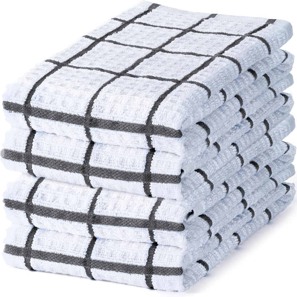 DecorRack Waffle Weave Kitchen Towels 15x25 in, Plaid, Gray (4 Pack)