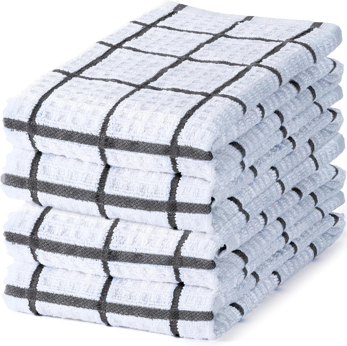 DecorRack Waffle Weave Kitchen Towels 15x25 in, Plaid, Gray (4 Pack)