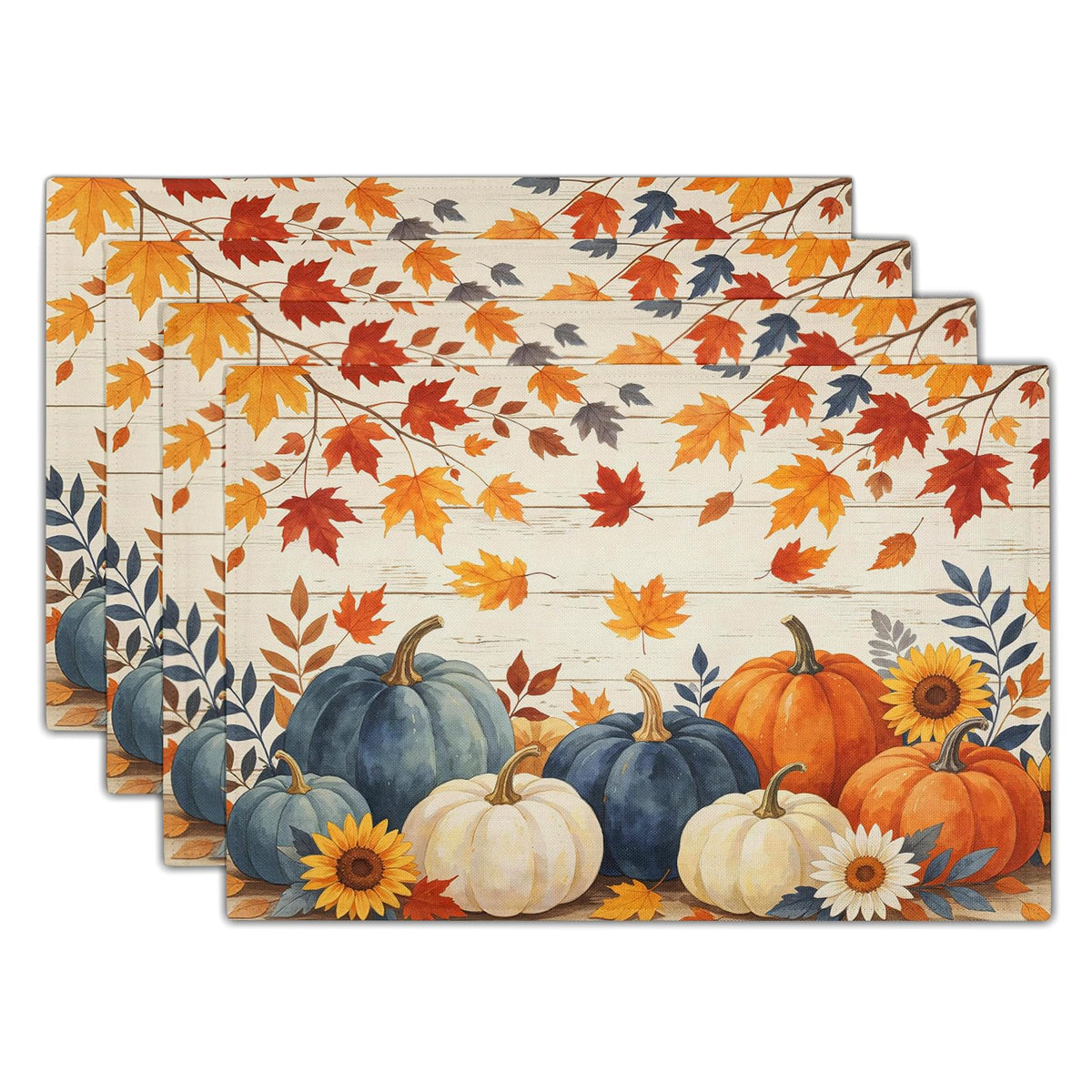 Fall Plaid Placemats Set of 4 Orange Navy Blue Buffalo Plaid Thanksgiving Themed Table Mats Farmhouse Place Mats Washable Linen Placemat for Party Kitchen Dining Decor 12x18 Inch