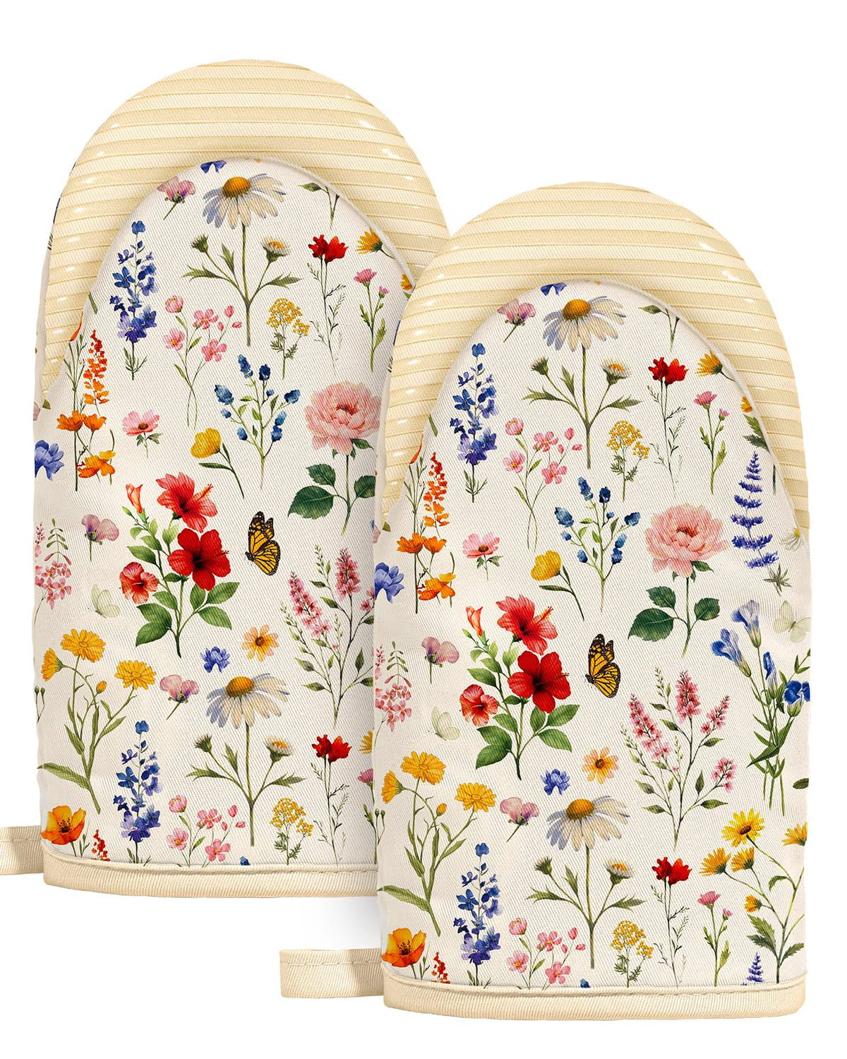 Slohif Vintage Floral Mini Oven Mitts Set – Beige Extended Short Heat Resistant Kitchen Gloves for Women, 100% Cotton Oven Mitts with Silicone Grips, Non-Slip and Thick Durable for Cooking & Baking