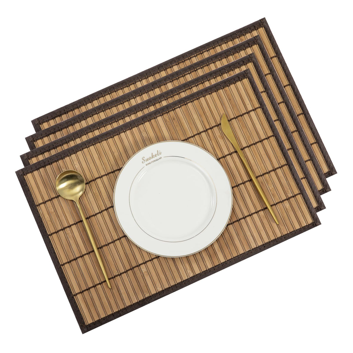Bamboo Placemats Set of 4 with Fabric Border, Table Mats, Coffee