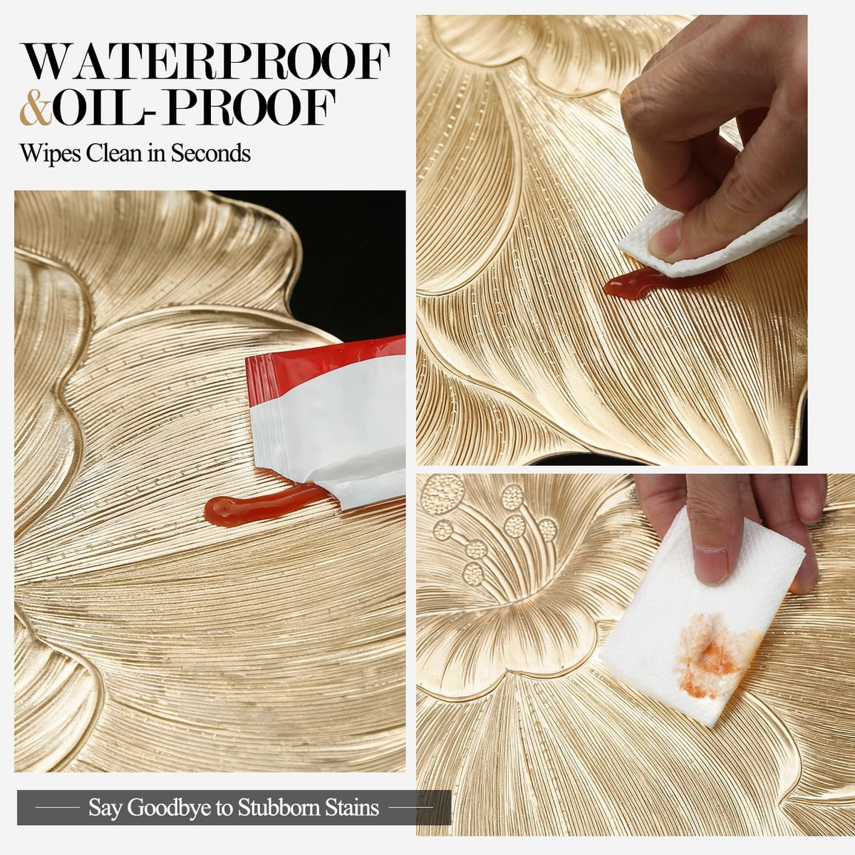 Quantum Love Camellia Gold Round Placemats Set of 6, 15 Inch PVC 3D Metallic Flower Table Mats, Wipeable Waterproof Non Slip Heat Resistant Placemats for Wedding Party Christmas Dining Table Decor