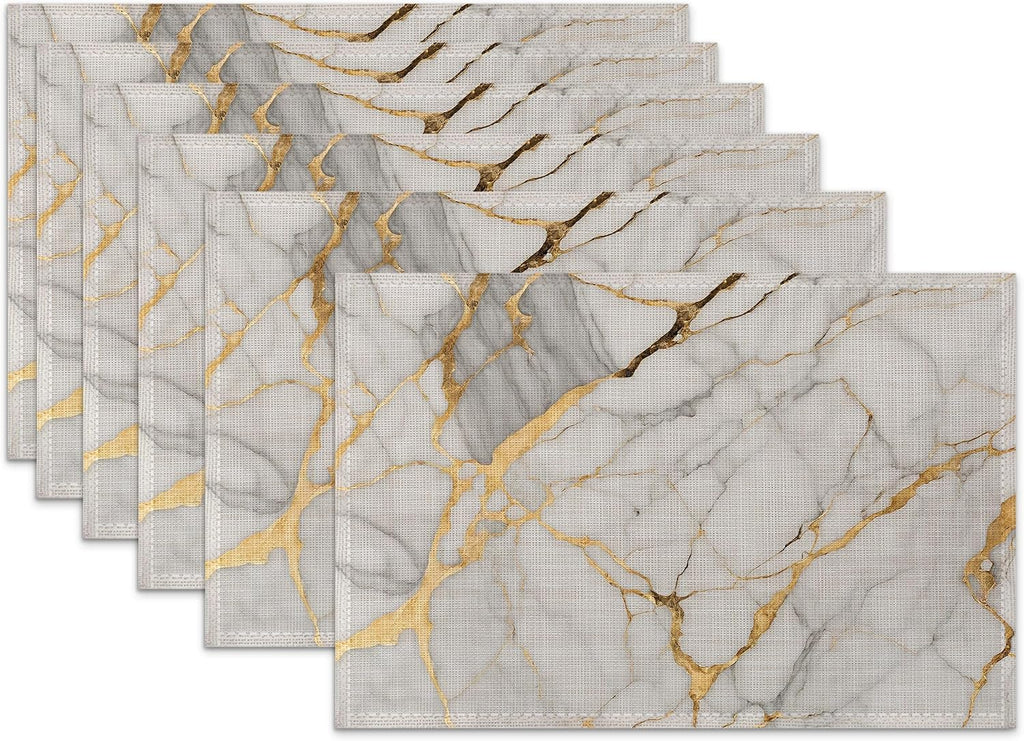 Placemats Set of 6,White Gold Marble Linen Table Mats Abstract Heat Resistant Place Mats Washable Dining Table Mats for Indoor Outdoor Kitchen Decor Easy Clean 12 x 18 Inch