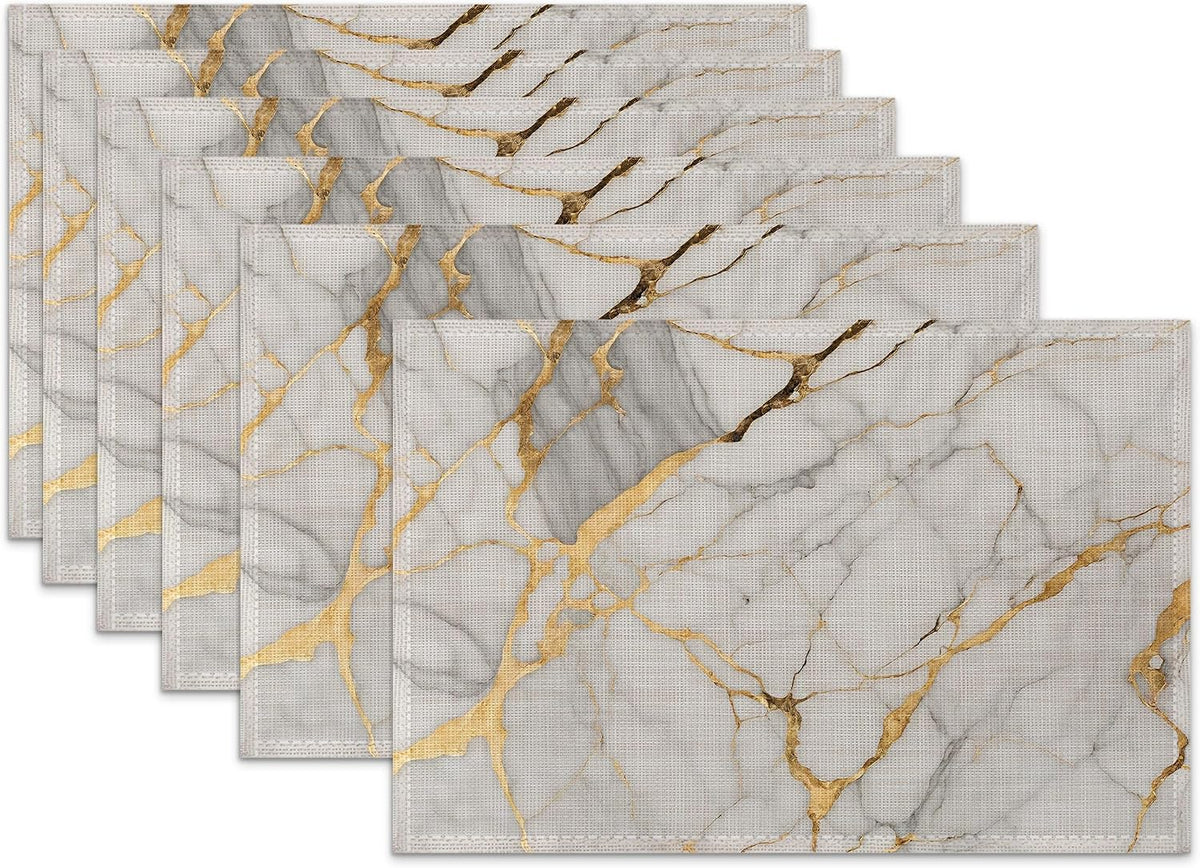 Placemats Set of 6,White Gold Marble Linen Table Mats Abstract Heat Resistant Place Mats Washable Dining Table Mats for Indoor Outdoor Kitchen Decor Easy Clean 12 x 18 Inch