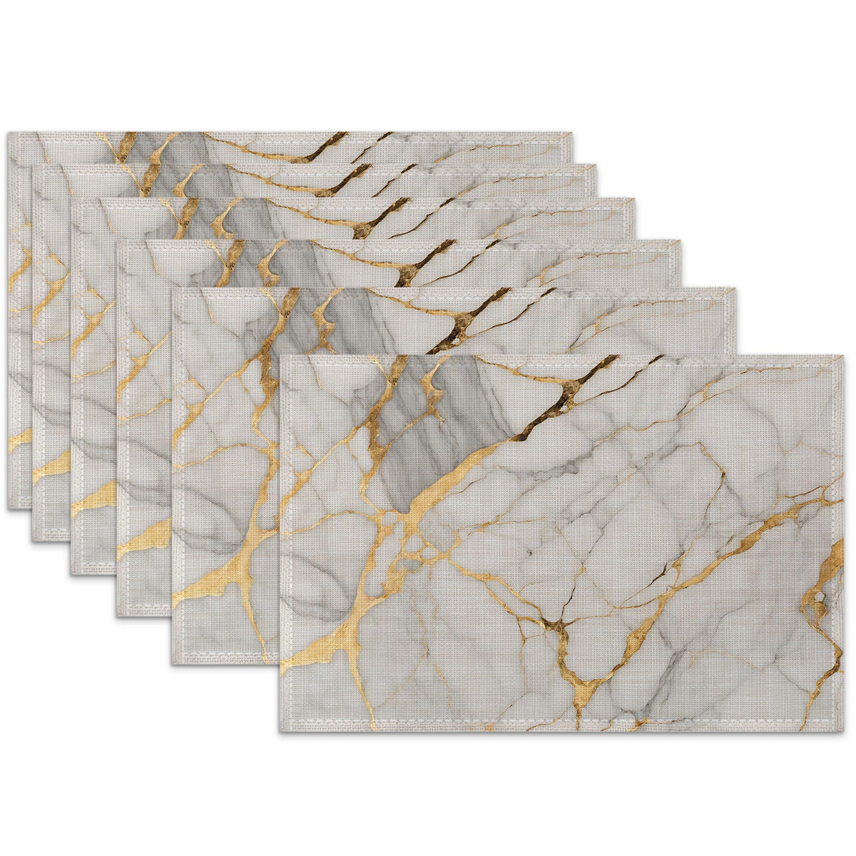 Placemats Set of 6,White Gold Marble Linen Table Mats Abstract Heat Resistant Place Mats Washable Dining Table Mats for Indoor Outdoor Kitchen Decor Easy Clean 12 x 18 Inch